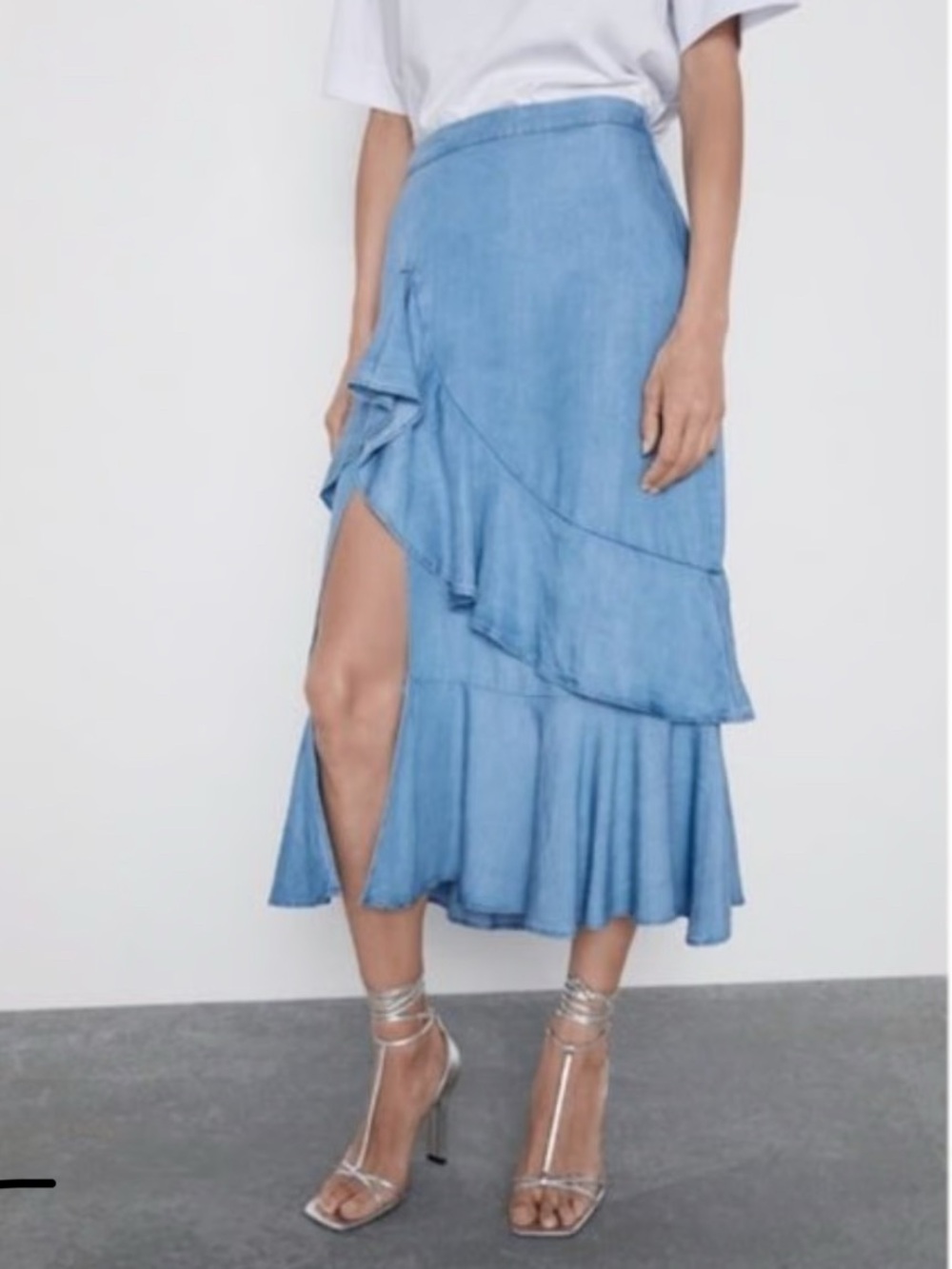 Zara Chambray Ruffle Midi Skirt in Light Blue